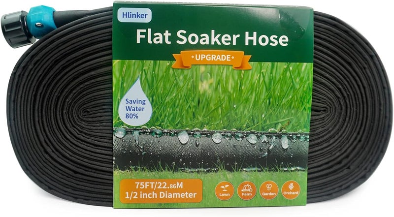 Hlinker Flat Soaker Hose 75 FT for Garden Beds, 75Ft 1/2" Linkable Consistent Drip Irrigation Hose Save 80% Water, Leakproof Heavy Duty Double Layer Sprinkler Hose - Image 1